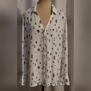 ​Worthington Bird & Birdcage Print Blouse XL Off White Dark Academia